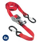 Set of 4 ratchet tie downs with S hooks 4,25m - colour : red