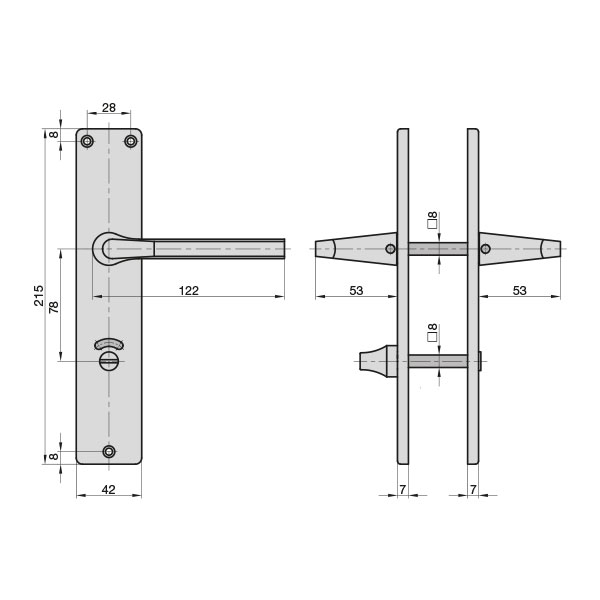 ZB 4100 - WC Alu F1 long door plate fitting, angular, WC, 72/8 mm